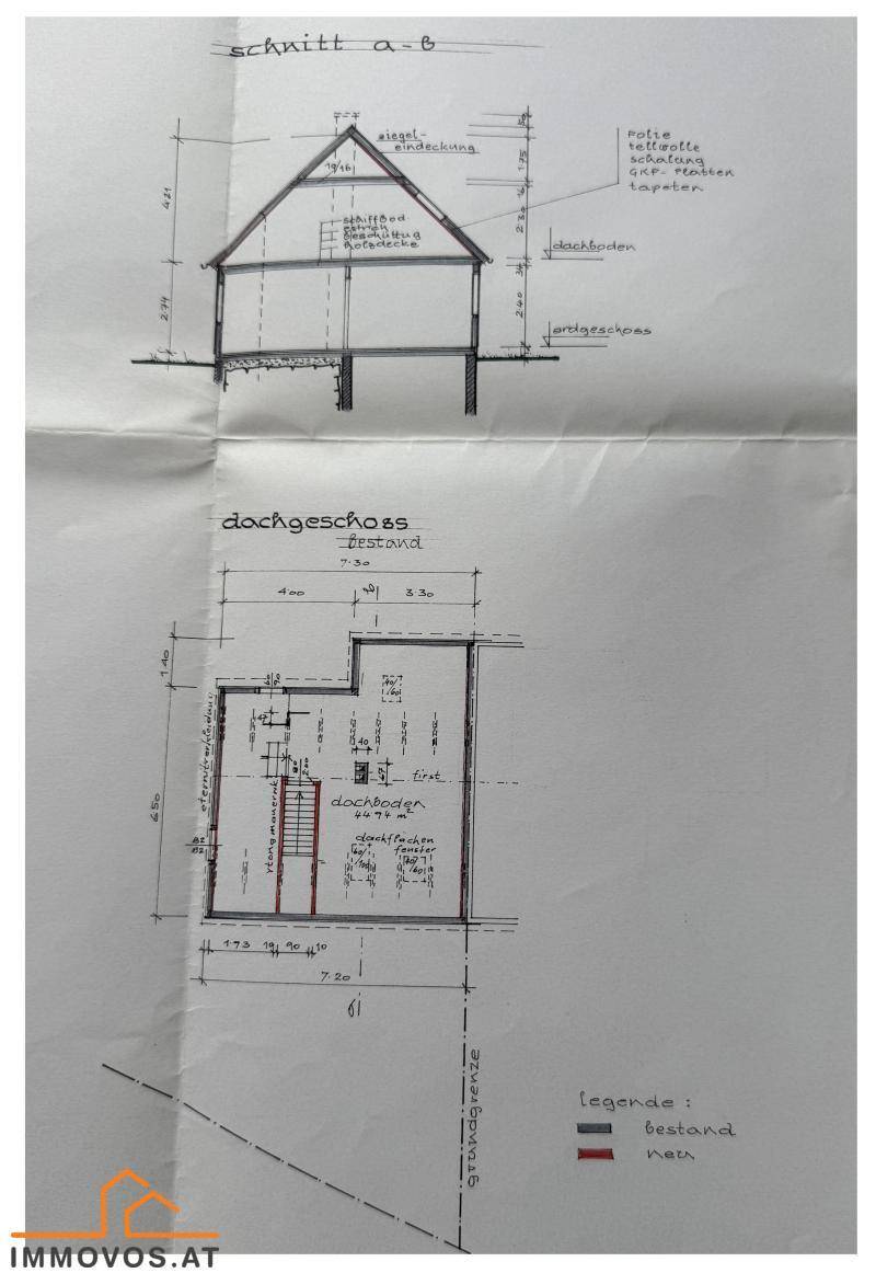 Grundriss des Dachgeschosses mit Schnittansicht und eingezeichneten Bestands- und Neubereichen.