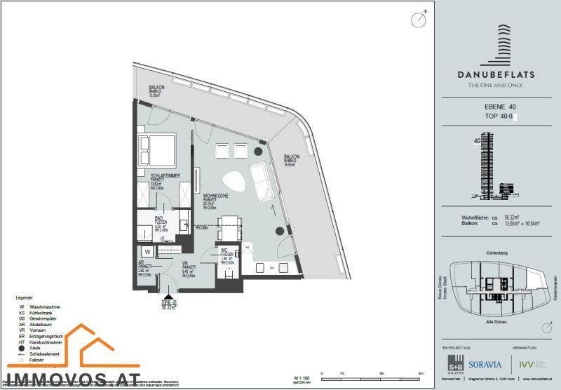 Grundriss einer Wohnung im 40. Stock mit Balkon, zwei Bädern und offenem Wohnbereich.
