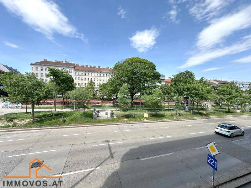 Weitblick über eine belebte Straße und einen grünen Park unter blauem Himmel.