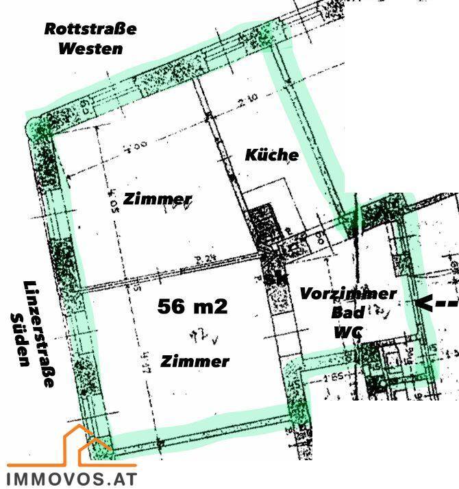 Grundrissplan einer Wohnung mit 56 m², aufgeteilt in Zimmer, Küche, Bad und WC.