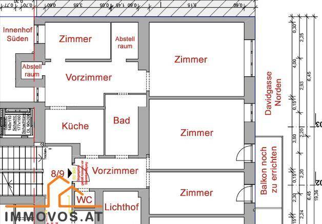Grundrissplan einer Wohnung mit mehreren Zimmern, Küche, Bad und Abstellraum.