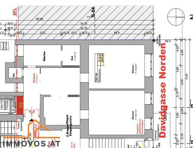 Detaillierter Grundrissplan einer Wohnung mit Raumaufteilung und Flächenangaben.
