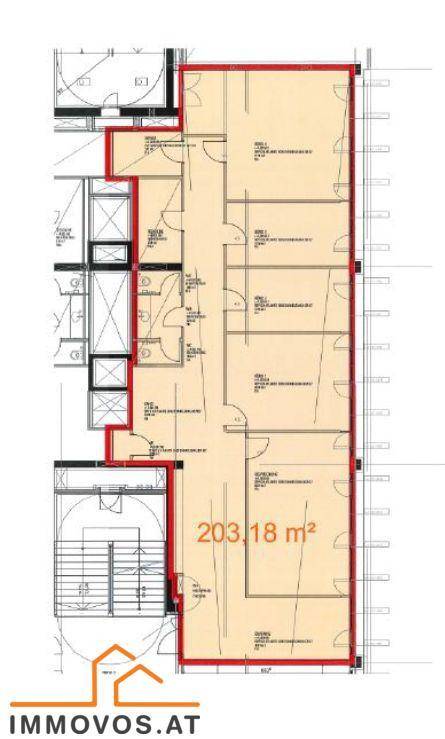 Grundriss einer Bürofläche von 203,18 m² mit mehreren Räumen und einem Treppenhaus.