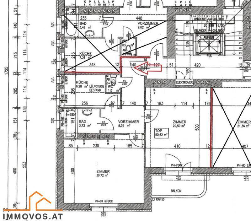 Detaillierter Grundriss einer Wohnung mit mehreren Zimmern, Bad und Balkon.