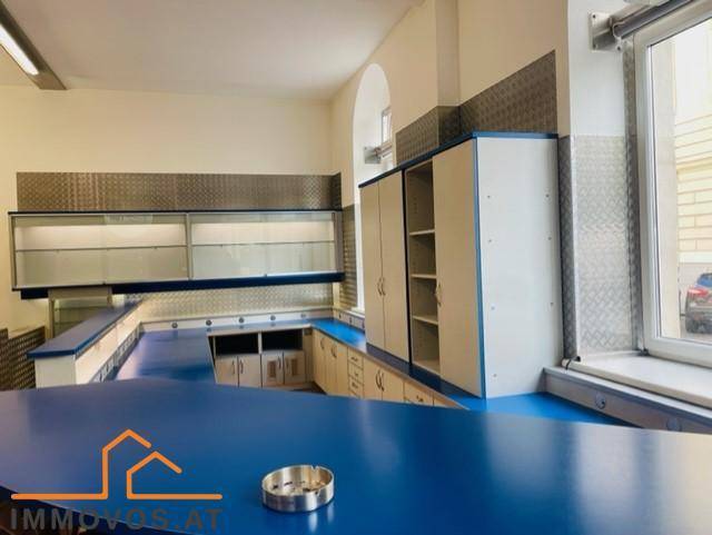 Thekenbereich mit blauer Arbeitsplatte und weißen Schränken, ergänzt durch große Fenster und Metallverkleidungen.