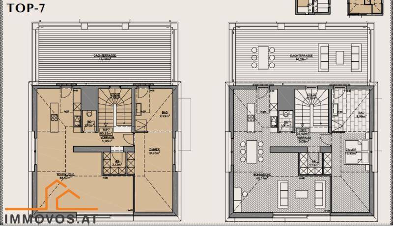 Grundriss der Dachgeschosswohnung mit zwei Ebenen, Dachterrasse und offenem Wohnbereich.