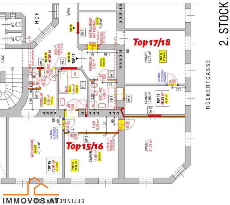 Detaillierter Grundrissplan einer Wohnung im zweiten Stock mit mehreren Zimmern und Bad.