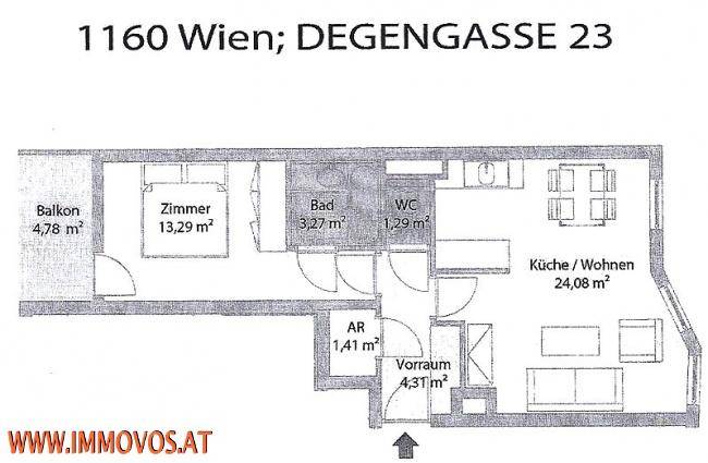 Grundriss der Wohnung mit Balkon, offenem Wohnbereich und separatem WC.