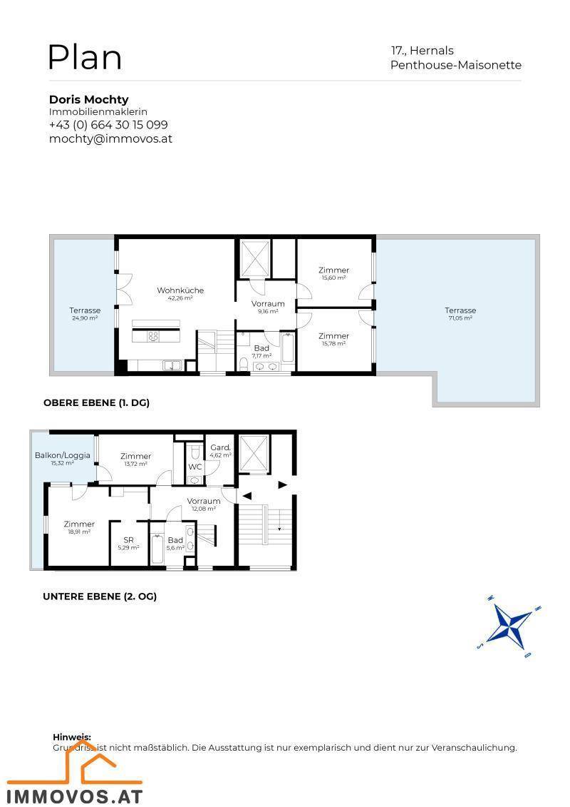 Detaillierter Grundriss einer Penthouse-Maisonette mit zwei Ebenen und Terrassen.