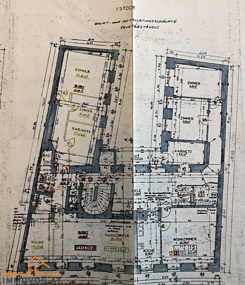 Umfassender Grundrissplan mit detaillierter Raumaufteilung und Flächenangaben für die gesamte Etage.