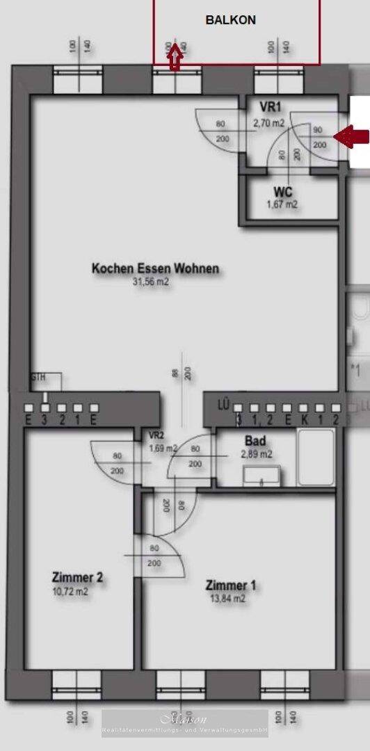Grundriss der Wohnung mit offenem Wohn-Essbereich, zwei Zimmern und Balkonzugang.