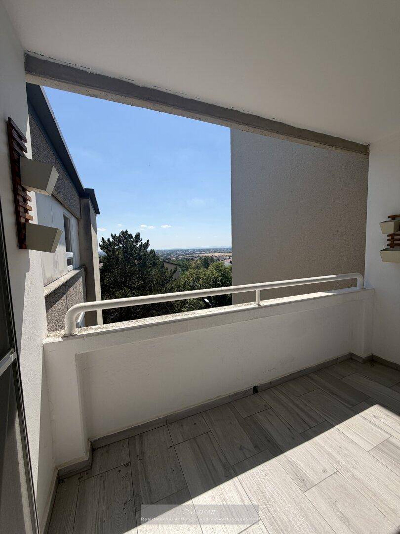 Geräumiger Balkon mit weitem Blick über die Landschaft und die umliegenden Gebäude unter blauem Himmel.