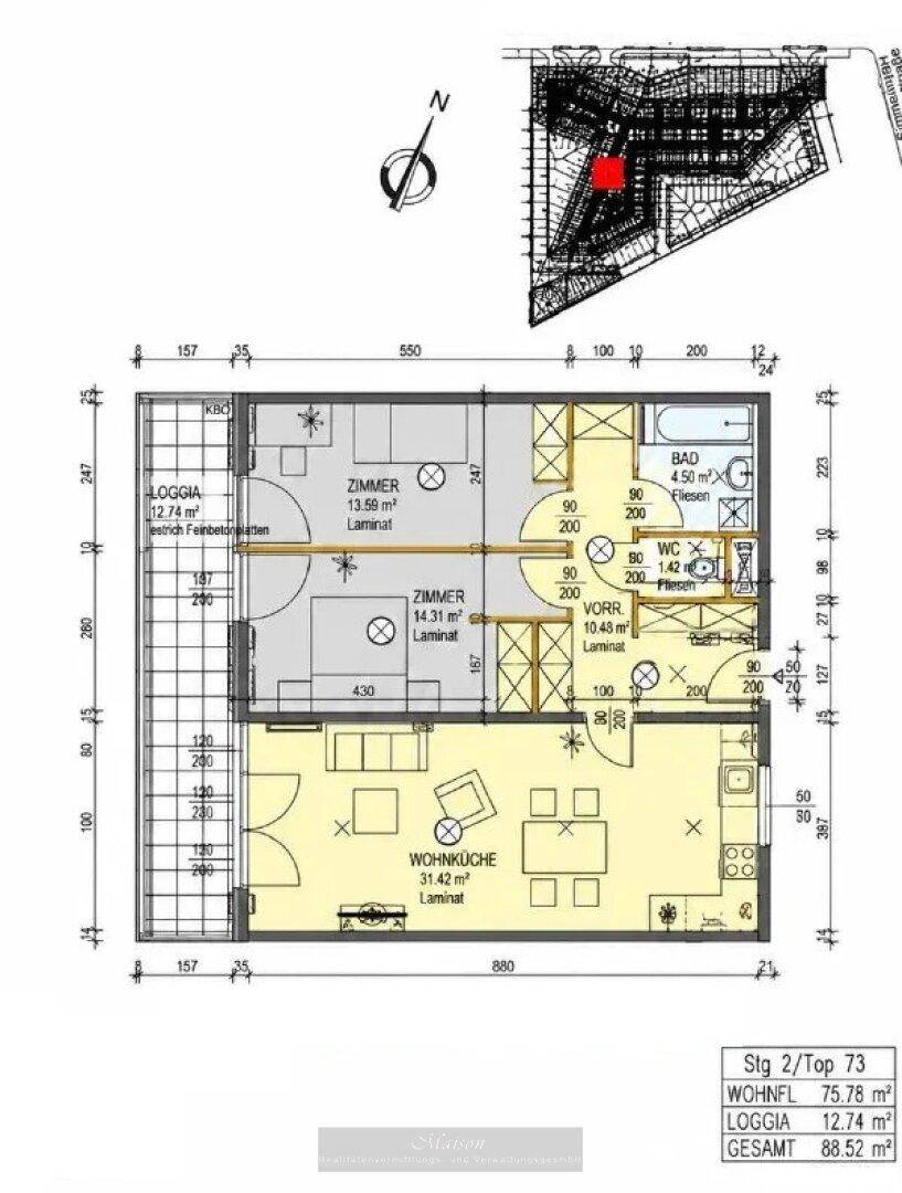 Grundriss einer Wohnung mit zwei Zimmern, Wohnküche, Loggia und Bad.