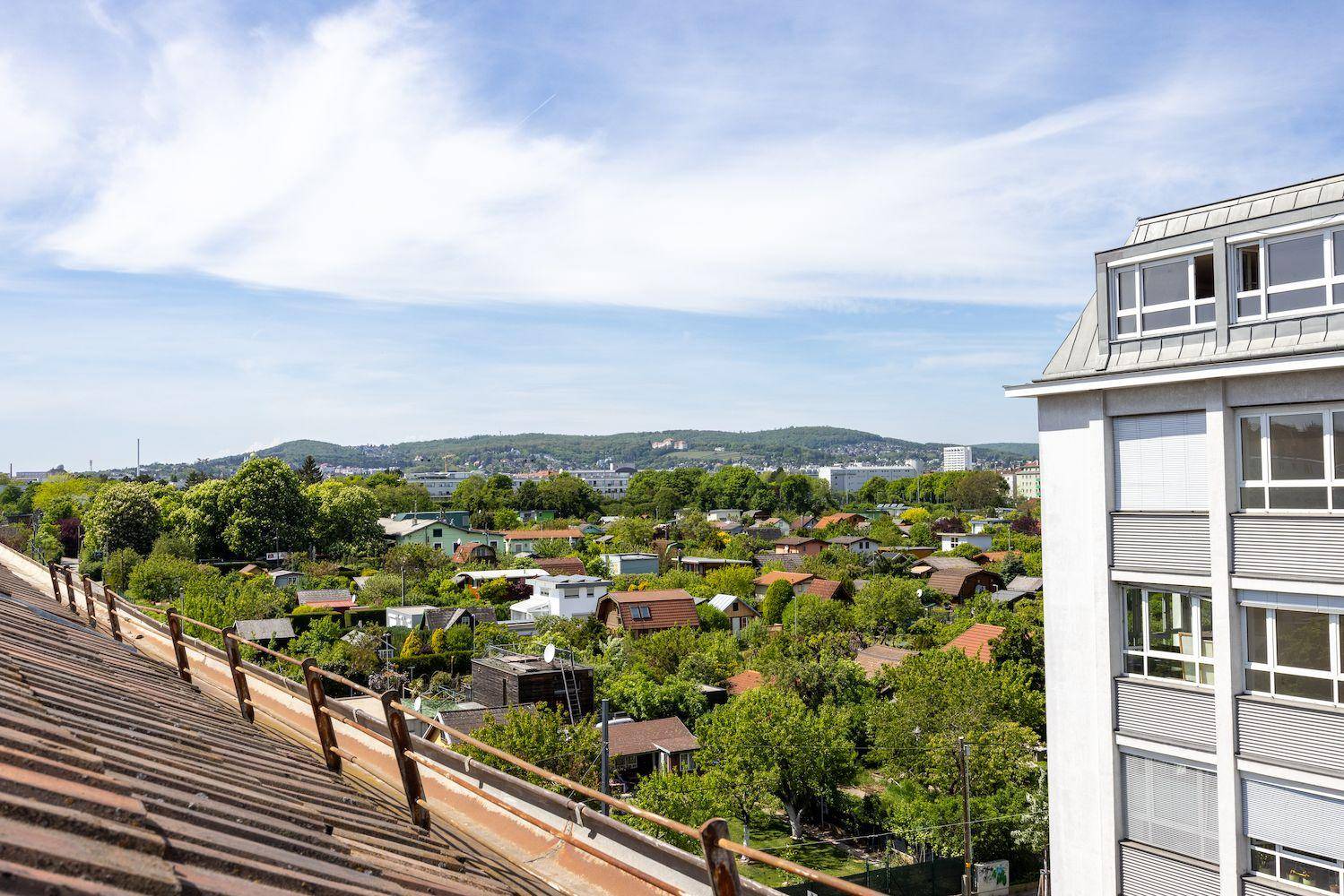 Panoramablick von einem Dach über eine grüne Wohngegend mit Bergen am Horizont.