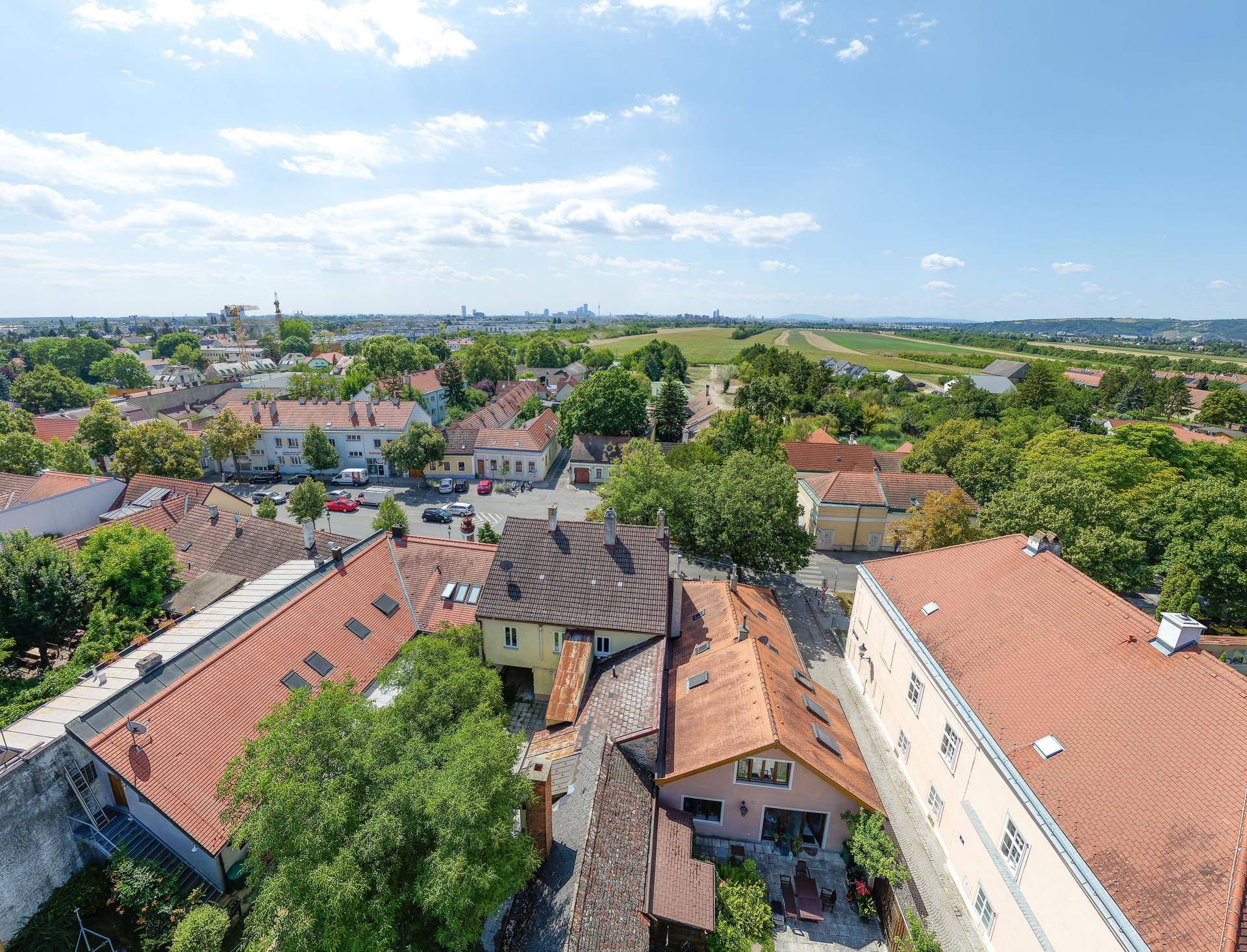 Weitläufiger Blick über die Dächer der Stadt und die umliegende grüne Landschaft.