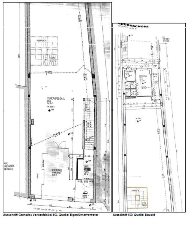Grundrisse des Erdgeschosses mit Verkaufsflächen und weiteren Räumlichkeiten.