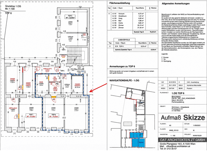 Detaillierter Grundriss des ersten Obergeschosses mit Flächenaufstellung und Raumaufteilung.