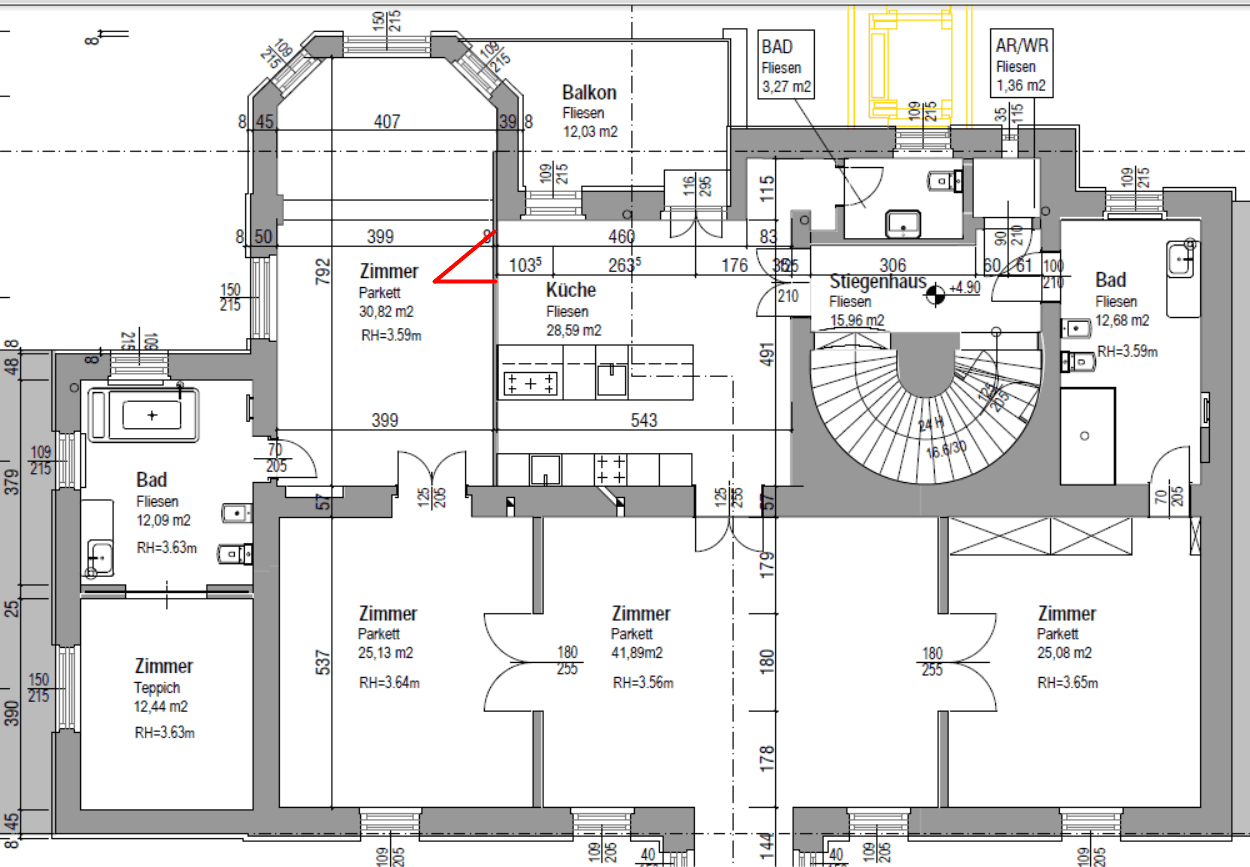 Detaillierter Grundriss des Obergeschosses mit Zimmern, Bädern und Balkon.