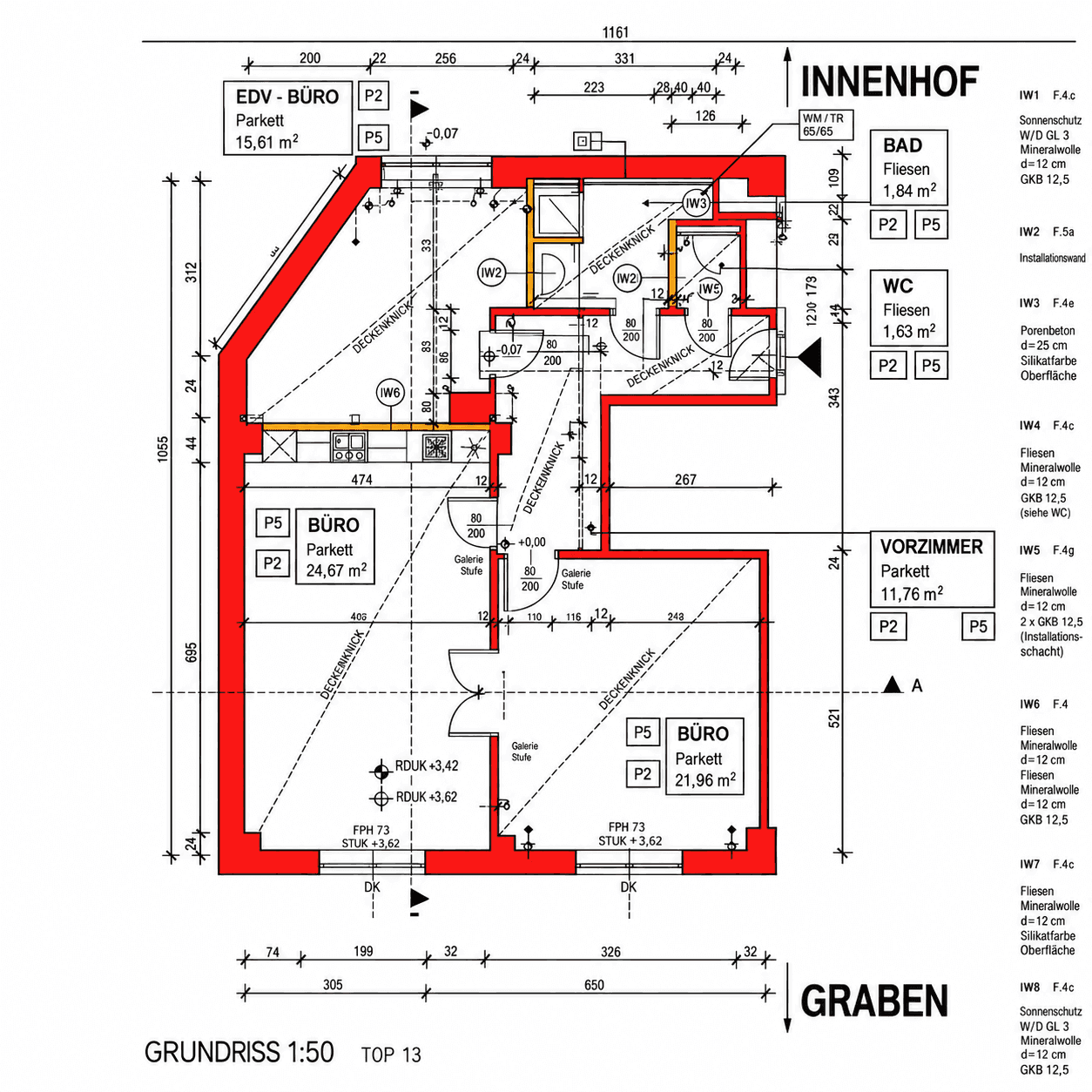 Grundriss einer Maisonette-Wohnung im Dachgeschoss mit mehreren Büroräumen, Bad und separatem WC.