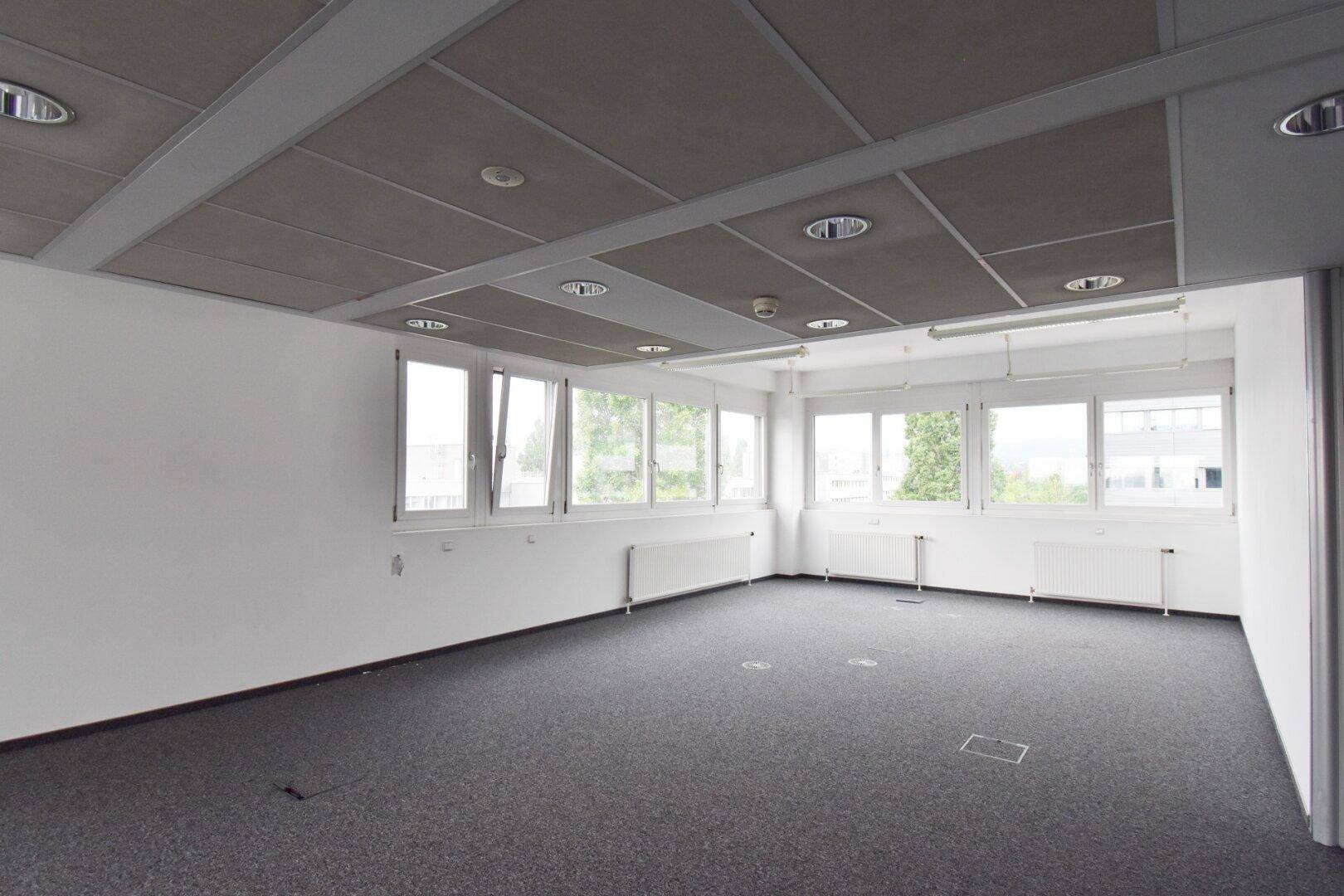 Büroraum mit Teppichboden, abgehängter Decke und großen Fenstern, die viel Tageslicht hereinlassen.
