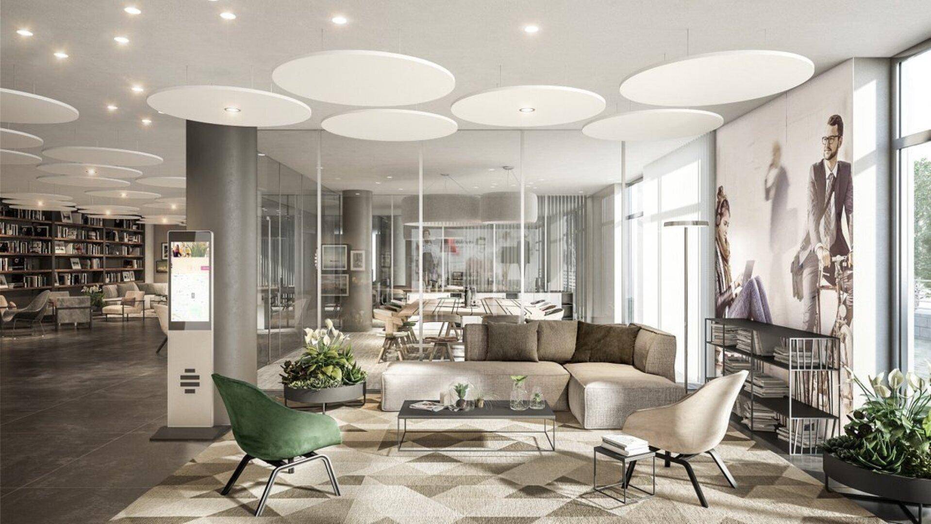 Stilvolle Lounge mit bequemen Sofas, Teppich und modernen Deckenpaneelen, ideal für entspannte Treffen und Pausen.