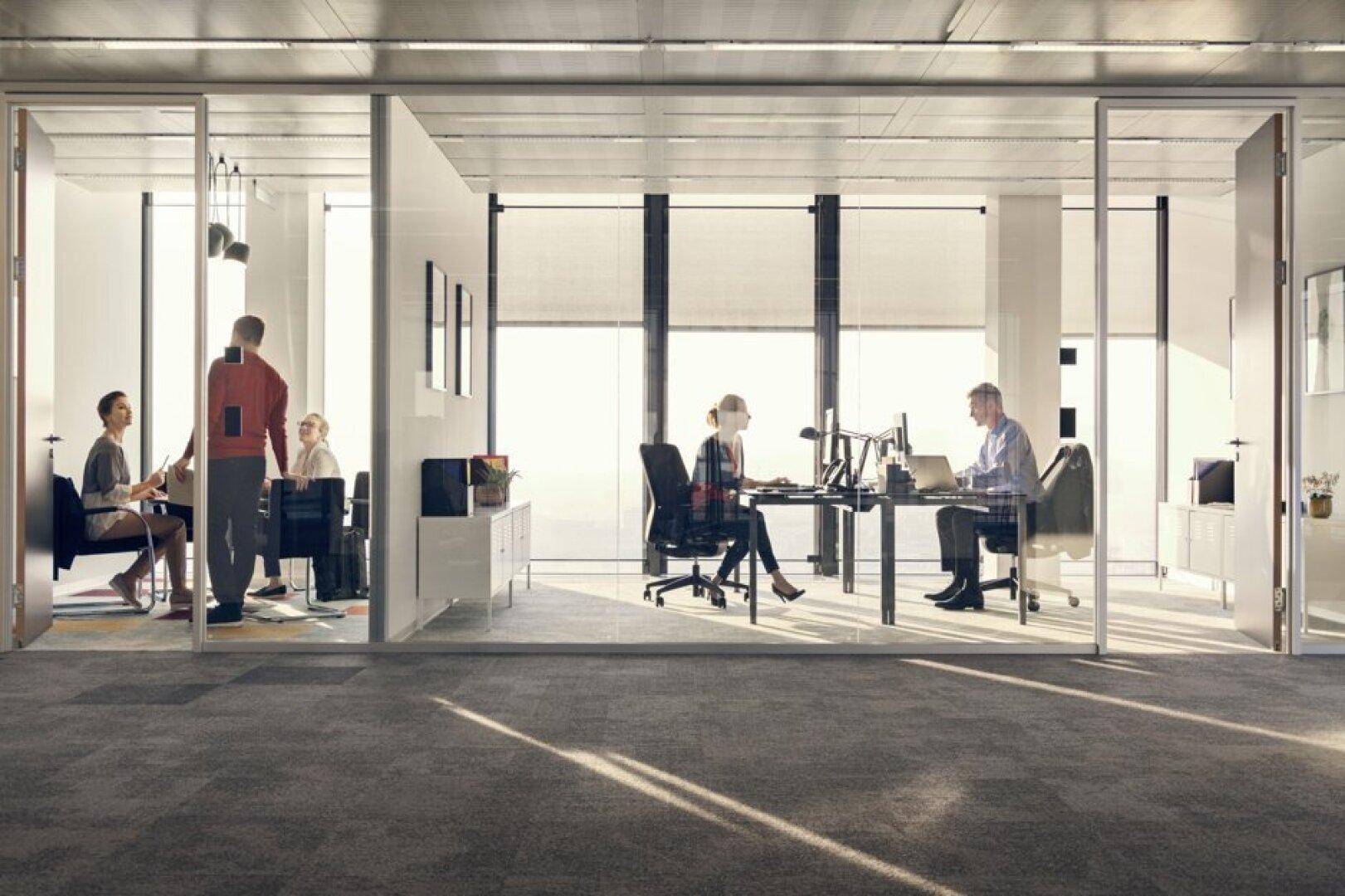 Helle Büroräume mit Glaswänden, die separate Arbeitsbereiche und Besprechungszimmer schaffen und viel Licht bieten.