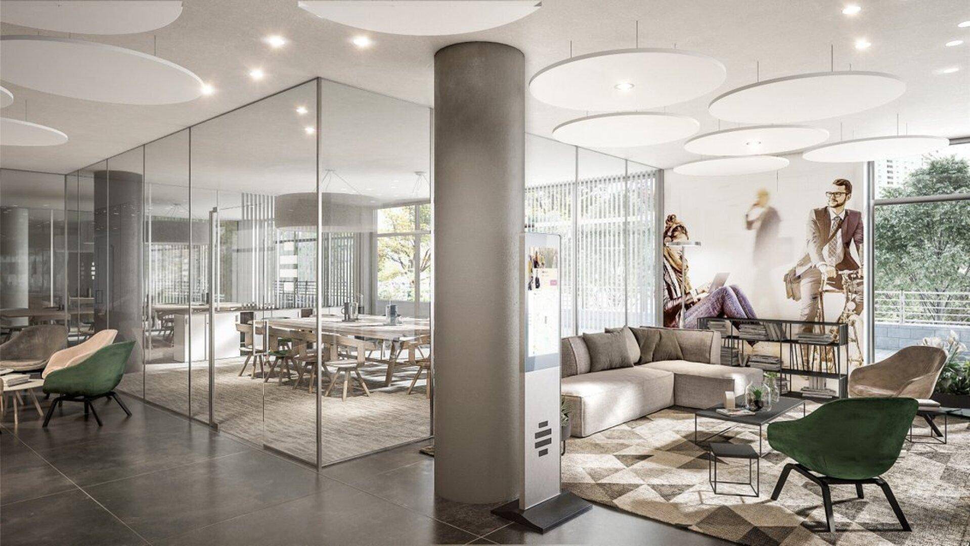 Stilvolle Lounge mit bequemen Sofas, Teppich und modernen Deckenpaneelen, ideal für entspannte Treffen und Pausen.