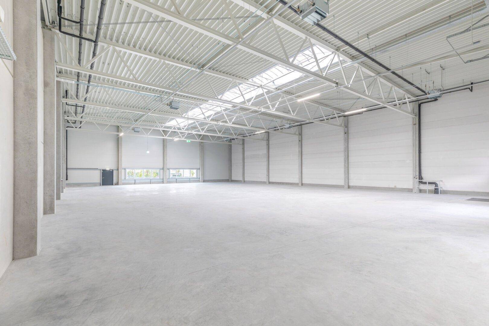 Geräumige, leere Lagerhalle mit hoher Decke, Oberlichtern und robustem Betonboden für industrielle Nutzung.
