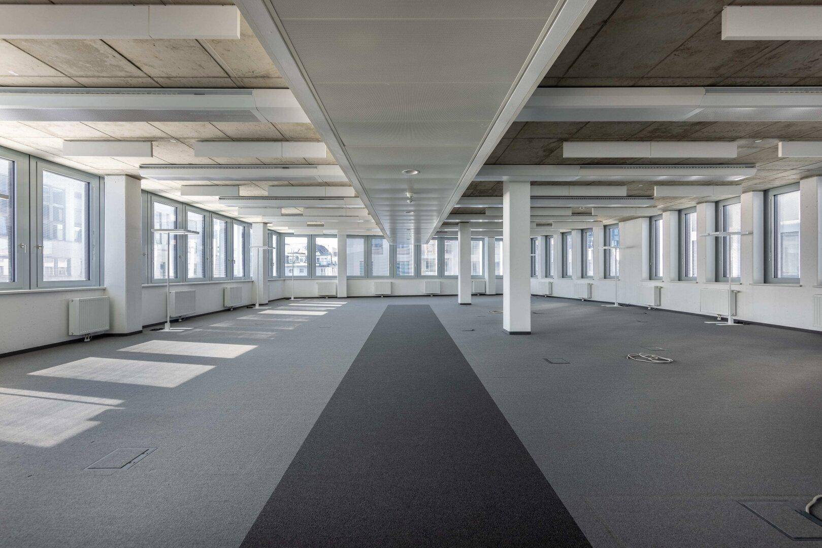 Geräumiger Bürobereich mit Teppichboden, vielen Fenstern und sichtbaren Deckenleuchten.