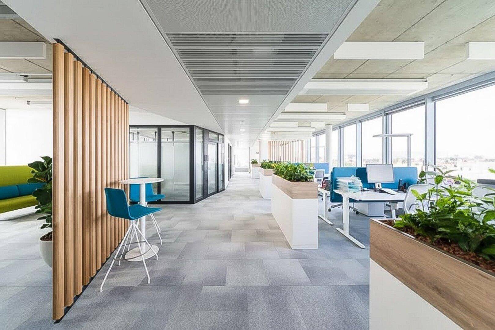 Modern eingerichteter Bürobereich mit Teppichboden, Pflanzen und Holzelementen.