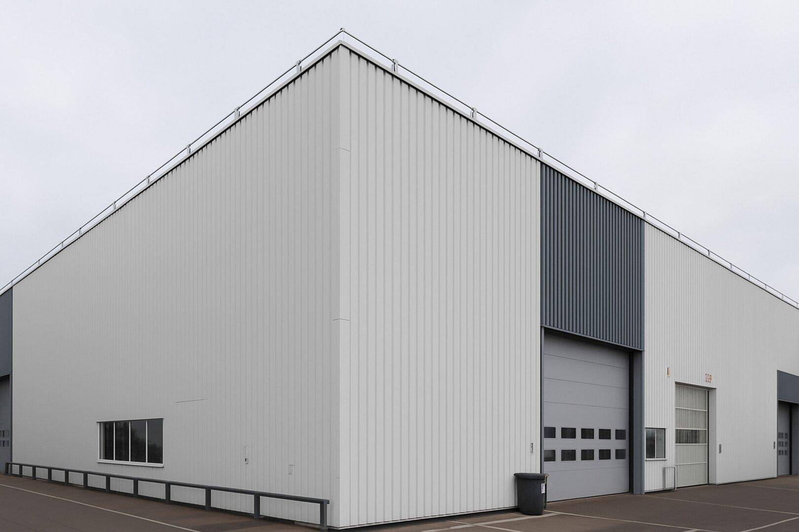 Modernes Industriegebäude mit heller Fassade, großen Rolltoren und einem klaren, funktionalen Design.