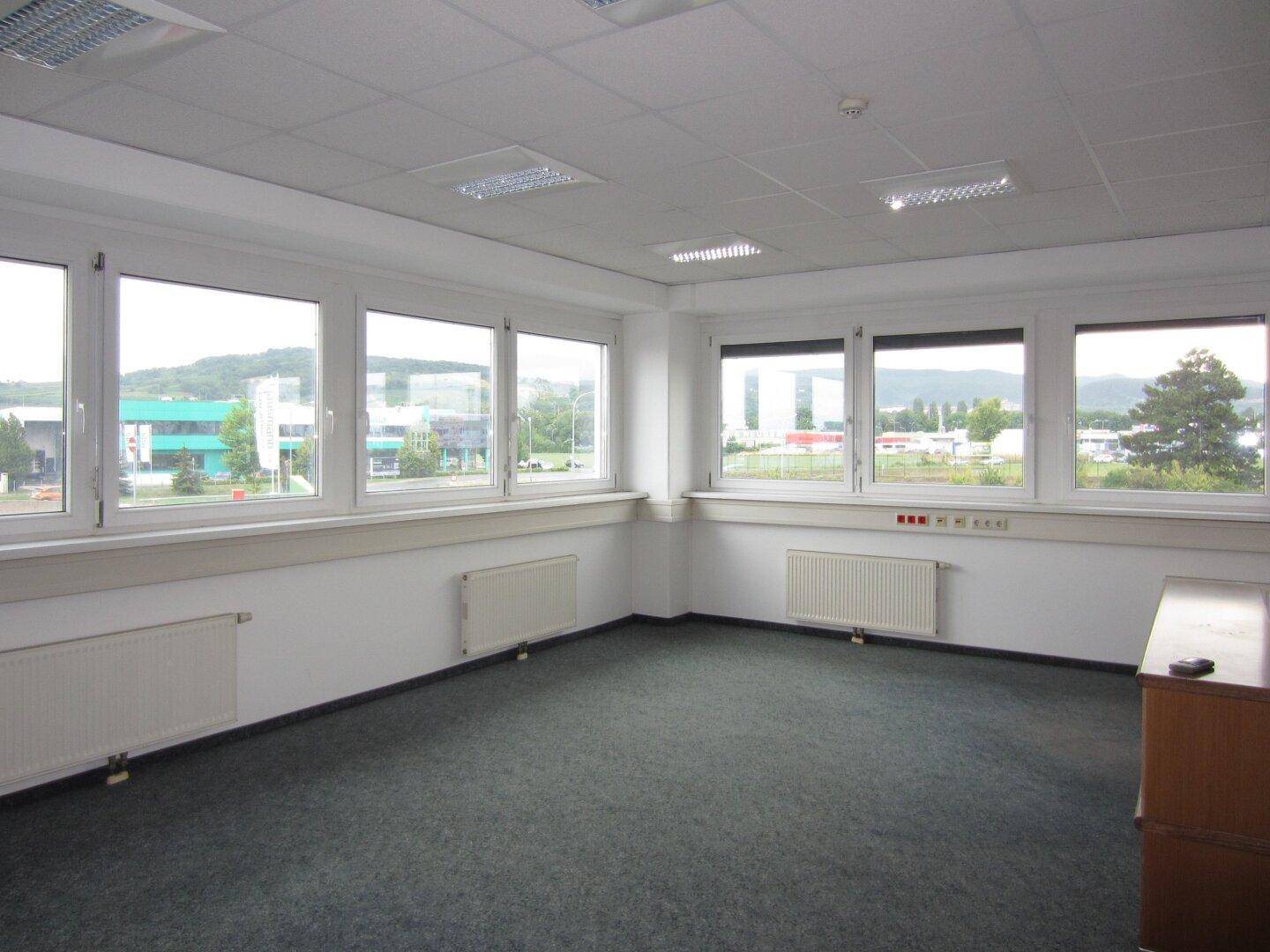 Geräumiges Büro mit dunklem Teppichboden, vielen Fenstern und Blick auf eine grüne Hügellandschaft.