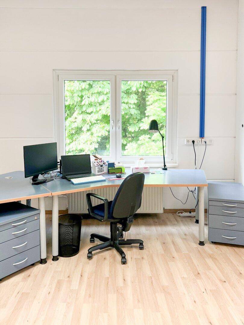 Heller Büroraum mit Schreibtisch, Bürostuhl und Blick ins Grüne durch das Fenster.