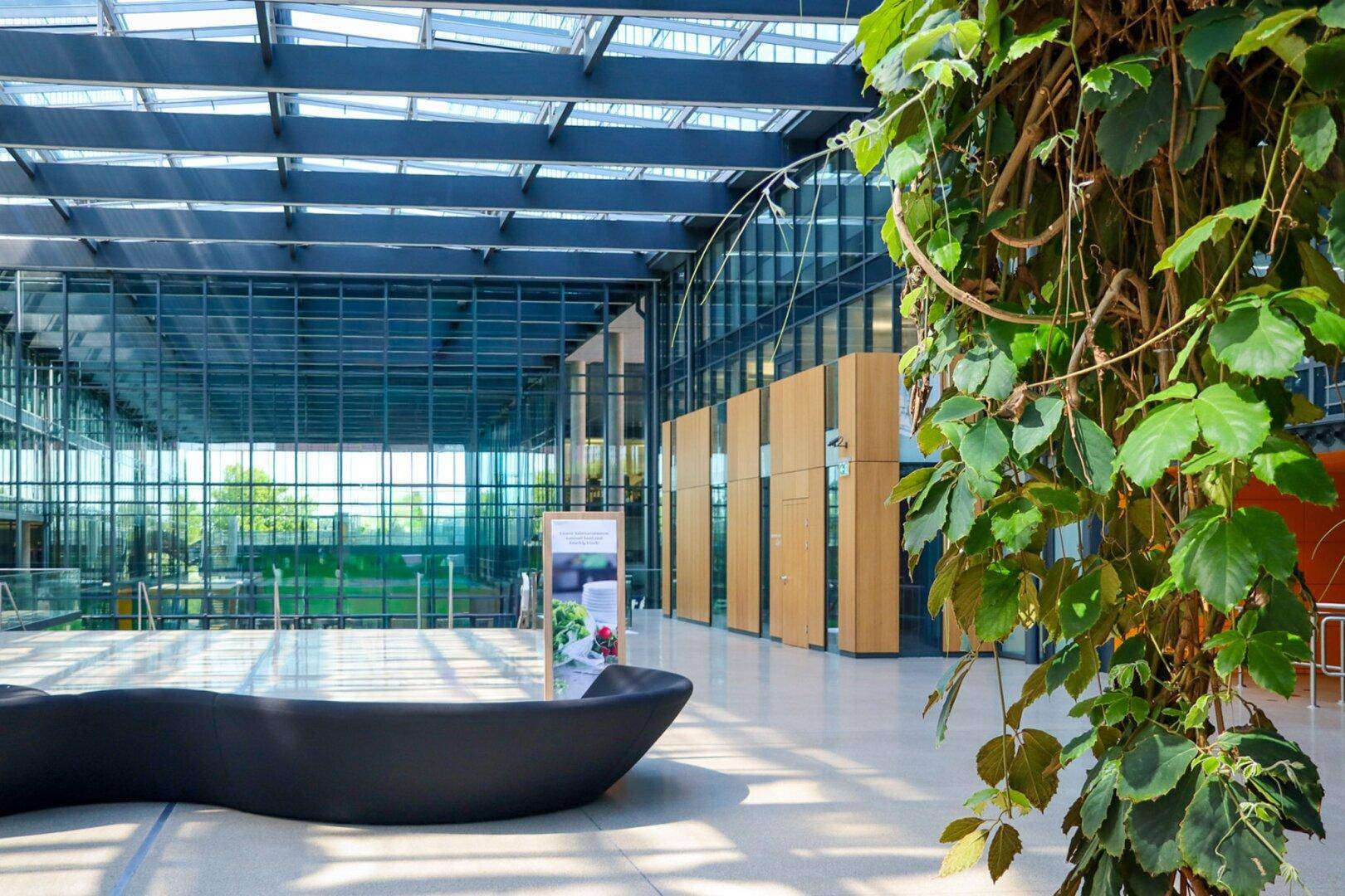 Helle Sitzecke im modernen Atrium mit viel Grün, Glasfassade und natürlichem Lichteinfall.