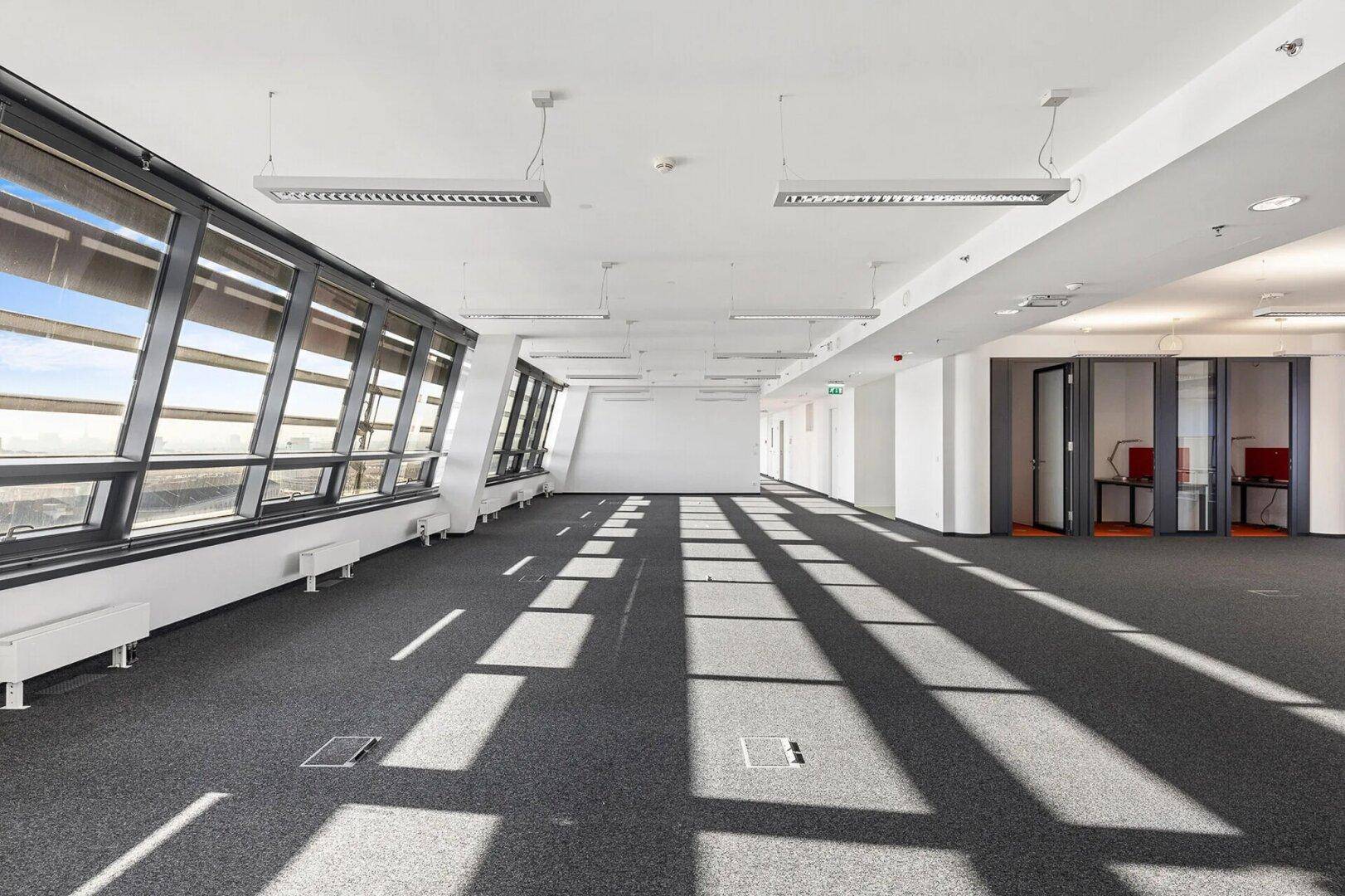 Geräumiger, leerer Büroraum mit großen Fenstern, Teppichboden und viel natürlichem Licht, ideal für flexible Gestaltung.