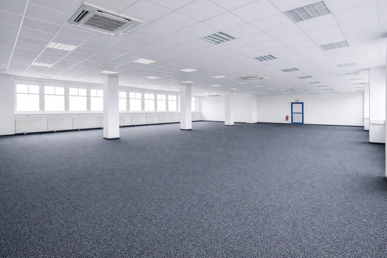Großer, offener Büroraum mit Teppichboden, vielen Fenstern und abgehängter Decke, ideal für flexible Arbeitsplatzgestaltung.