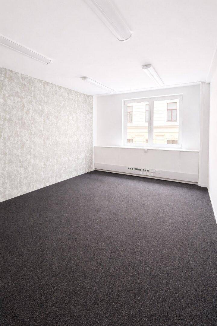 Leeres Büro mit Teppichboden und einer strukturierten Tapetenwand, beleuchtet durch ein großes Fenster.