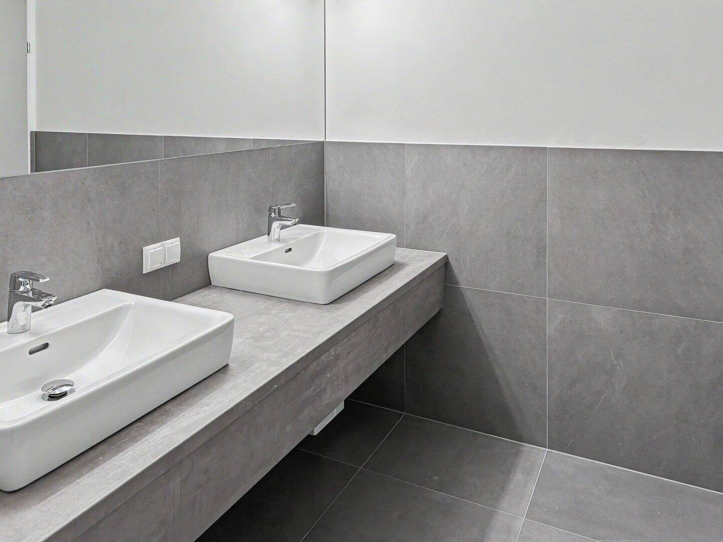 Modernes Badezimmer mit zwei rechteckigen Waschbecken auf einer grauen Beton-Arbeitsplatte und Fliesen.