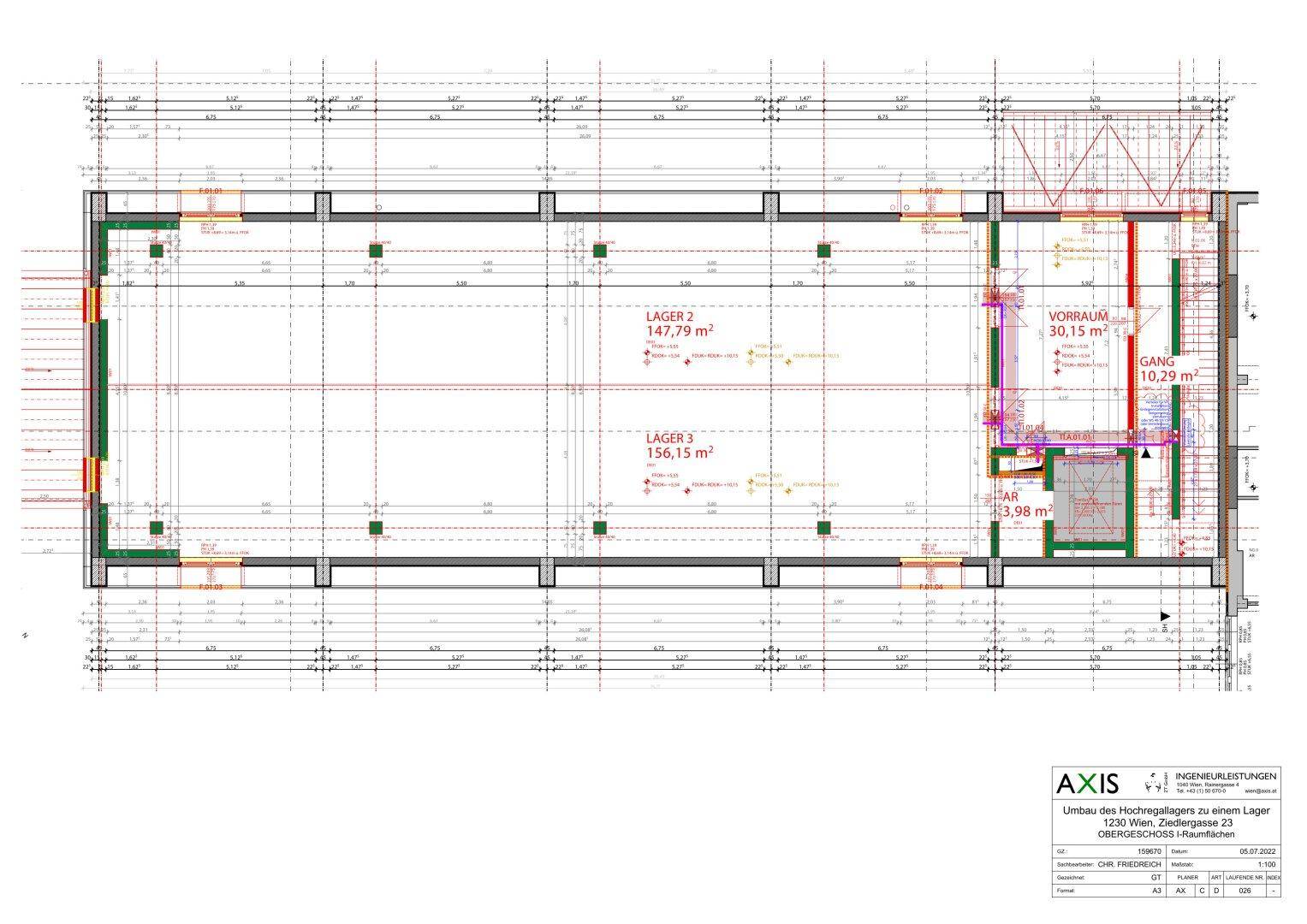 Grundrissplan eines Obergeschosses, das in Lagerflächen mit Vorraum, Gang und WC umgebaut wird.