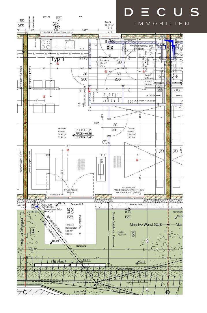 Detaillierter Grundriss der Wohnung mit Raumaufteilung und Außenbereich.