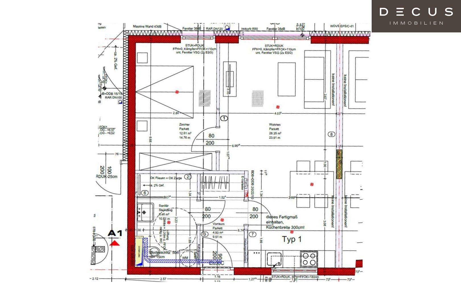 Detaillierter Grundriss einer Wohnung mit Zimmeraufteilung und Küchenbereich.