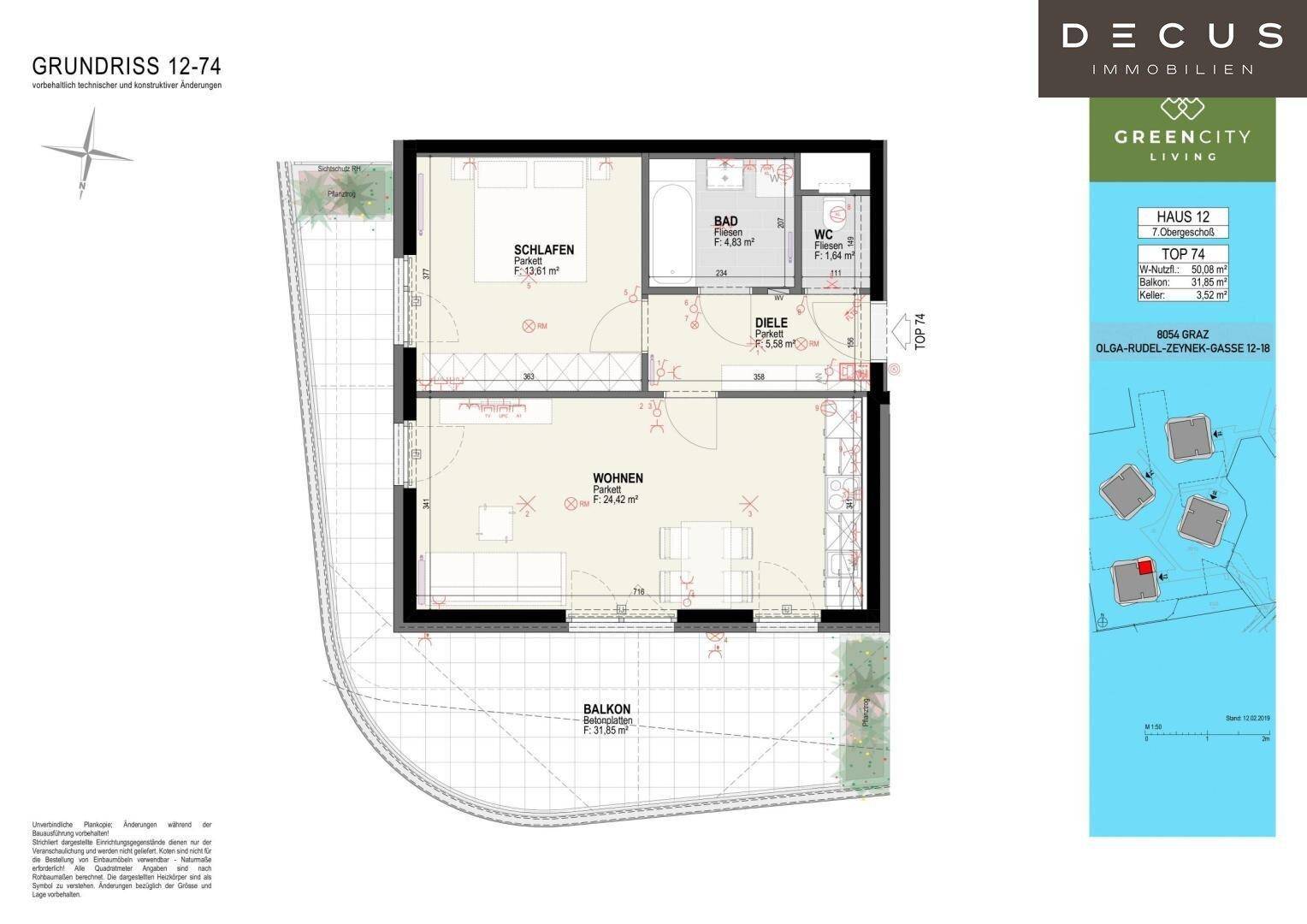 Grundriss einer Wohnung mit Schlafzimmer, Wohnzimmer, Bad, separatem WC und Balkon.