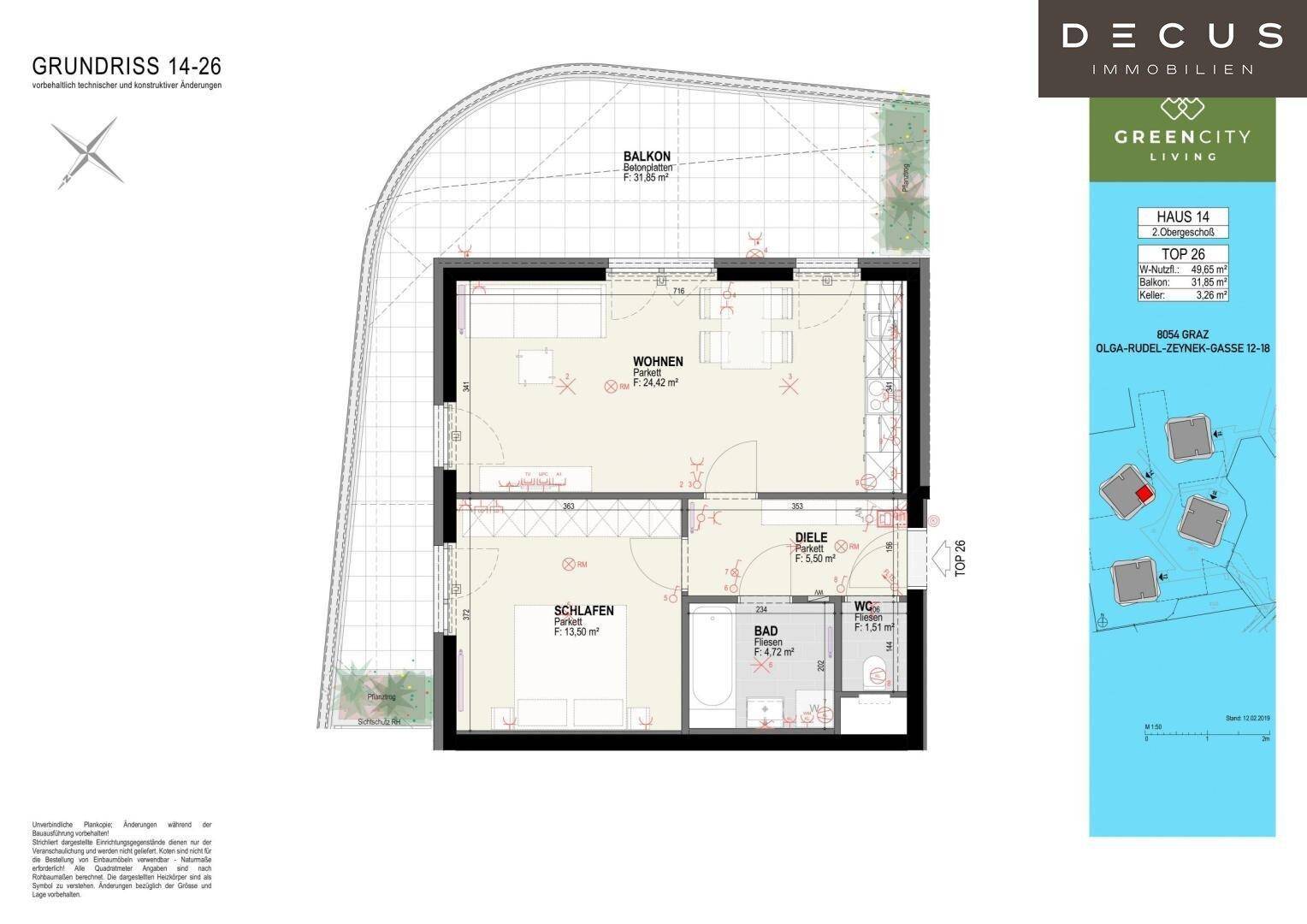 Grundriss einer Wohnung mit Balkon, Schlafzimmer, Wohnbereich und Bad.