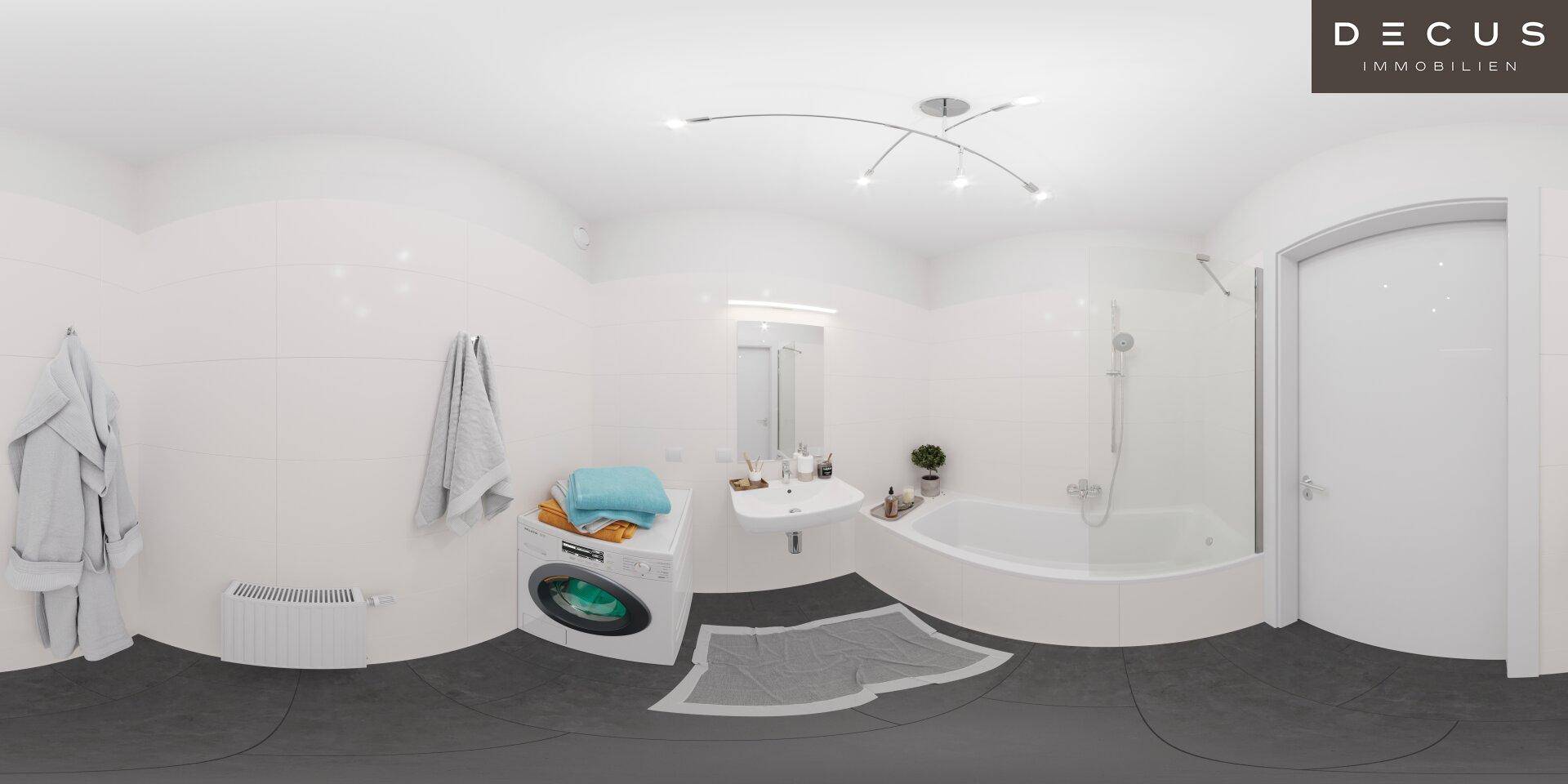 Modernes Badezimmer mit Badewanne, Waschbecken, Waschmaschine und weißen Fliesen.