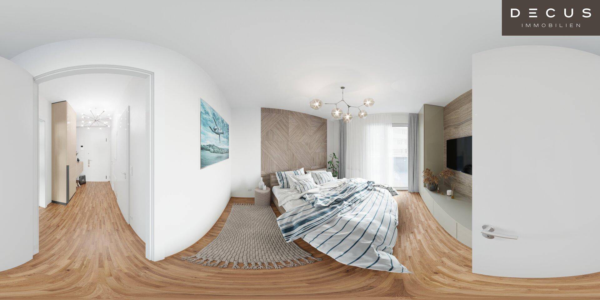 Modernes Schlafzimmer mit Holzboden, dekorativer Holzwand und großem Bett.