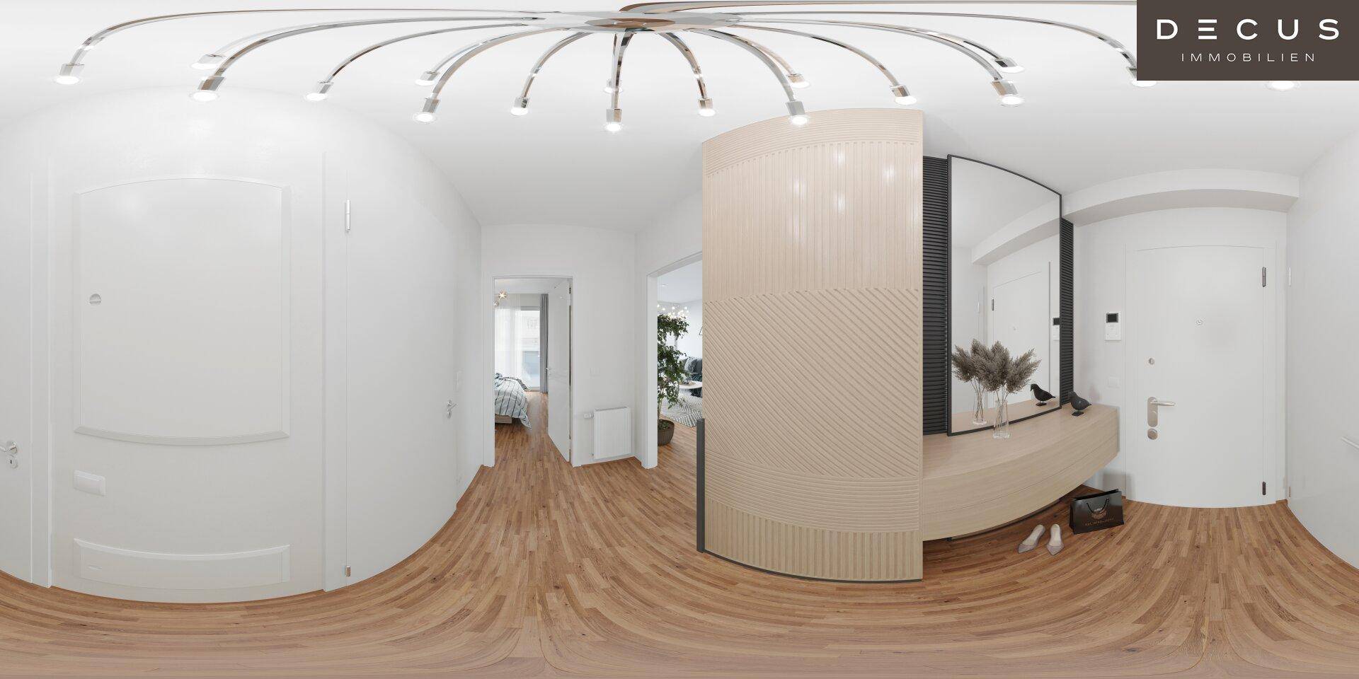 Heller Eingangsbereich mit Holzboden, modernem Garderobenschrank und Deckenleuchte.