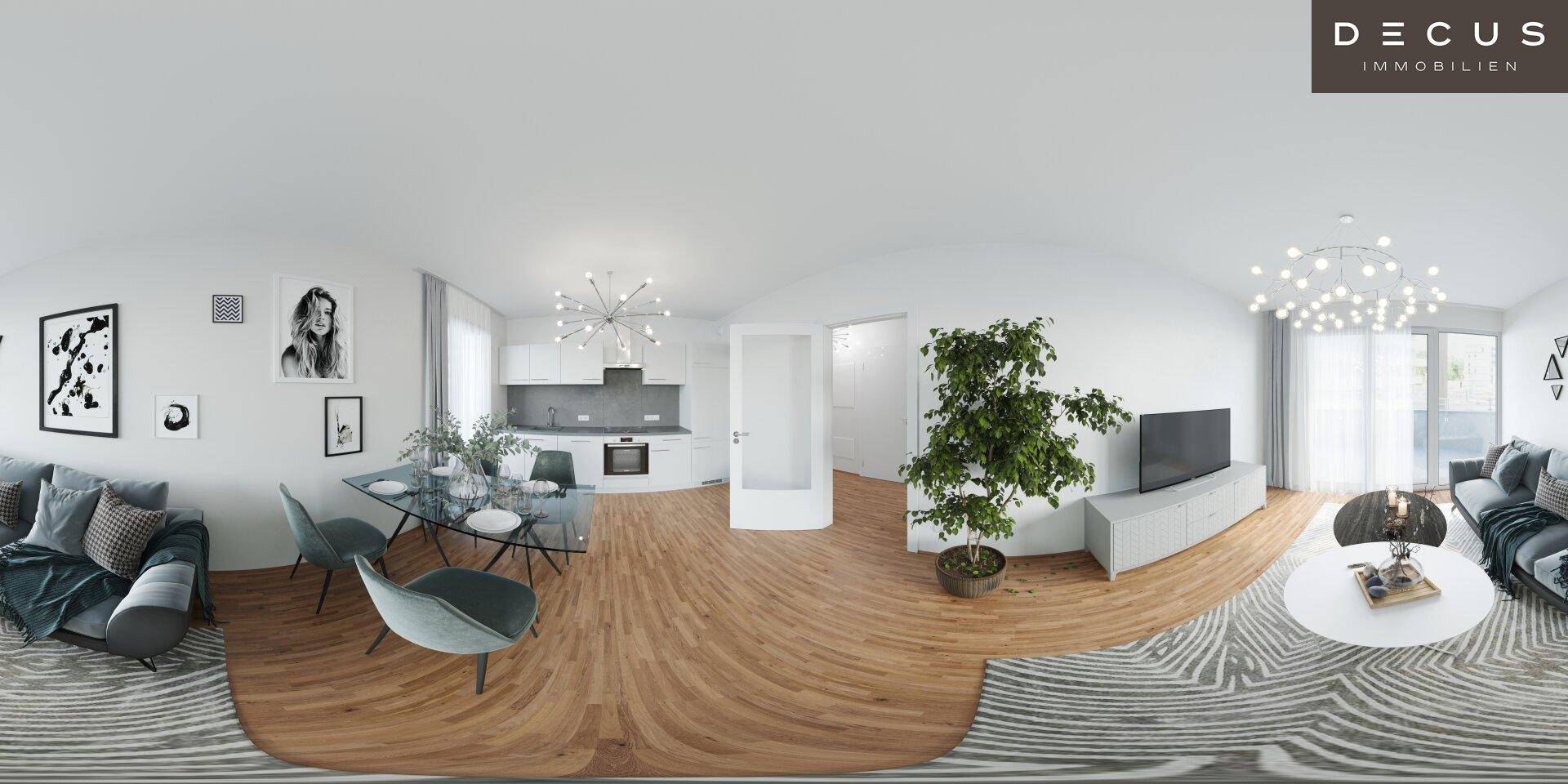 Offener Wohn-Essbereich mit integrierter Küche, modernem Sofa und Holzboden.