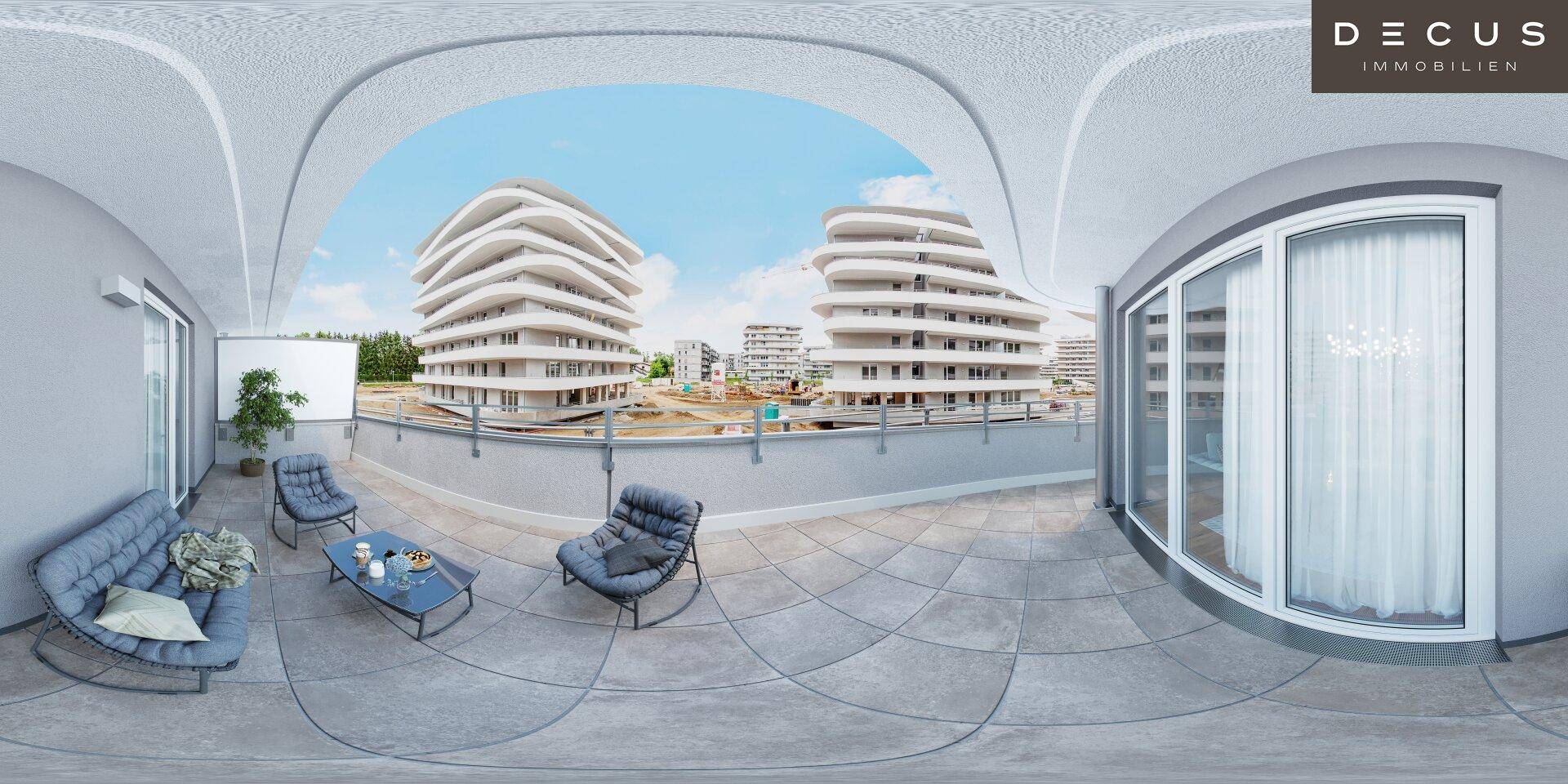 Geräumige Terrasse mit modernen Outdoor-Möbeln und Blick auf Neubauten.