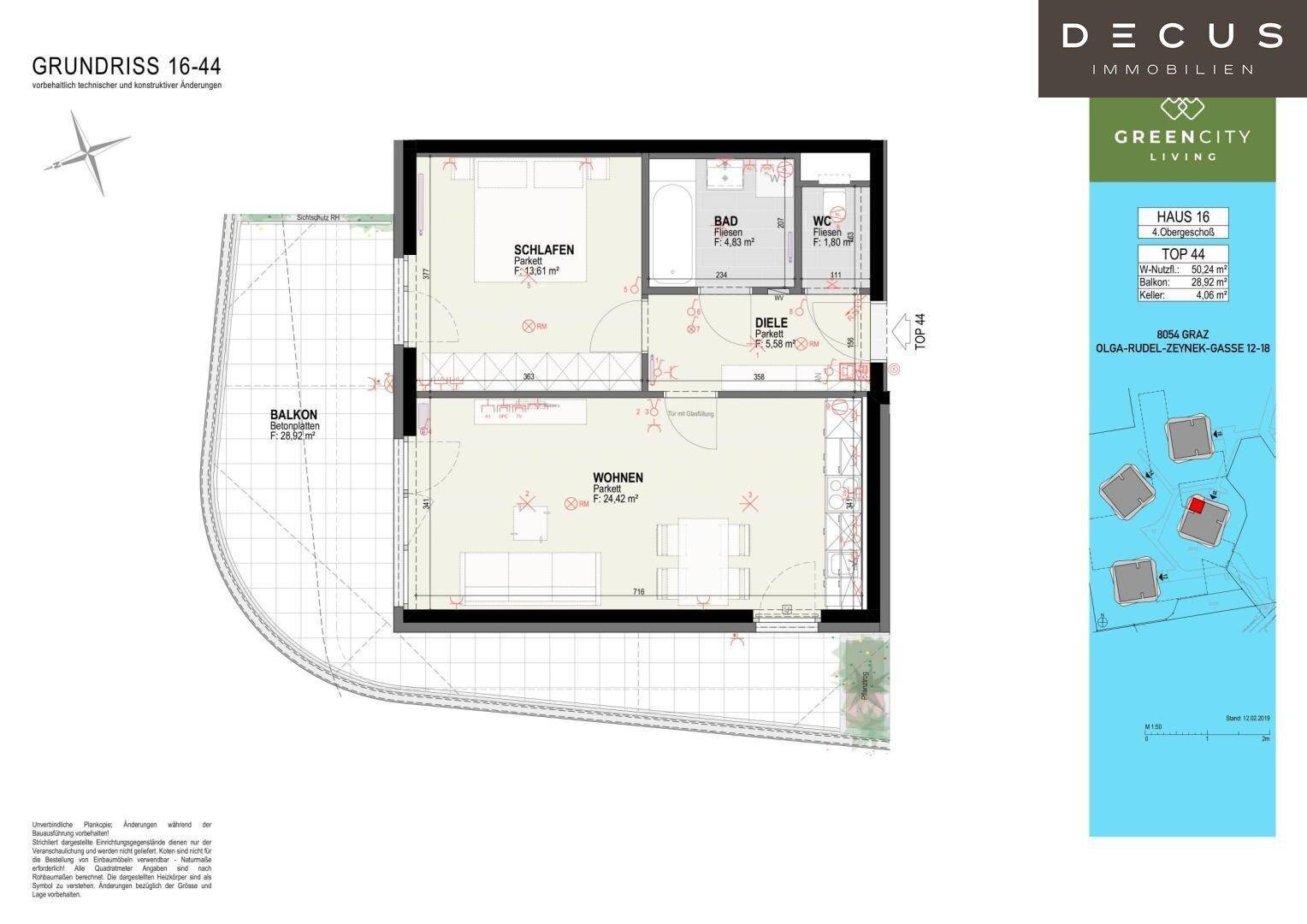 Grundriss einer Wohnung mit Schlafzimmer, Wohnbereich, Bad, WC und einem großen Balkon.