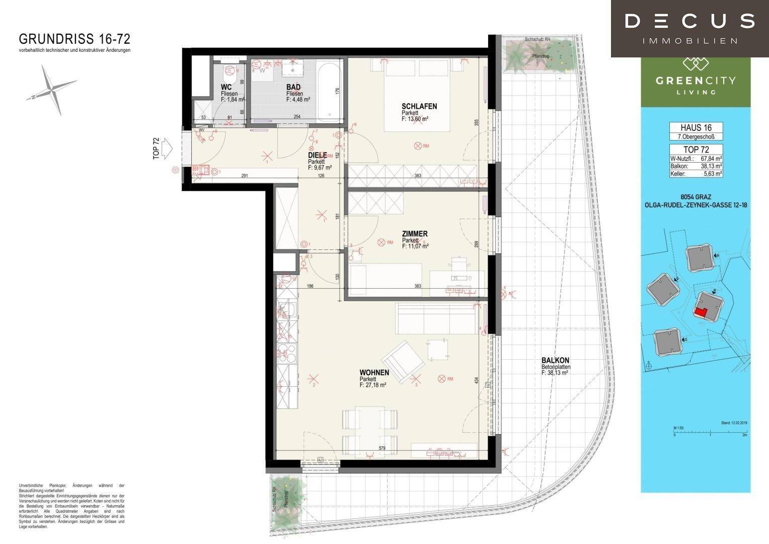 Grundriss einer Wohnung mit Wohnzimmer, Schlafzimmer, Bad und Balkon.